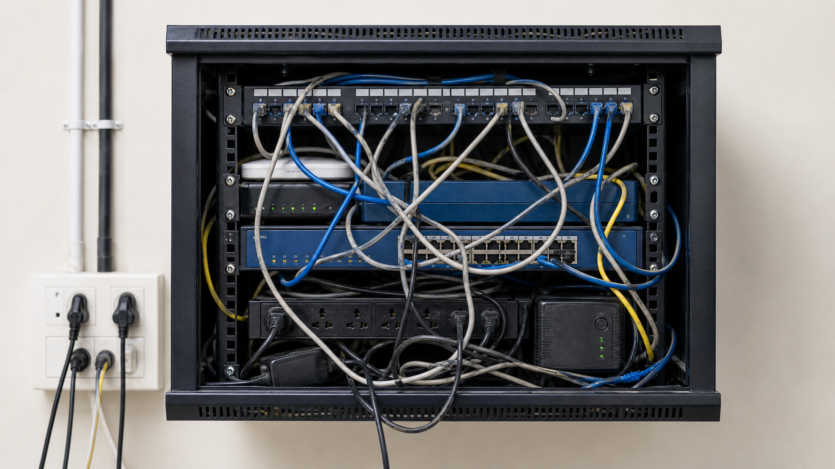Messy network rack with tangled cables